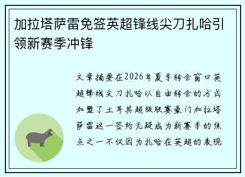 加拉塔萨雷免签英超锋线尖刀扎哈引领新赛季冲锋