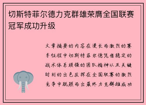 切斯特菲尔德力克群雄荣膺全国联赛冠军成功升级