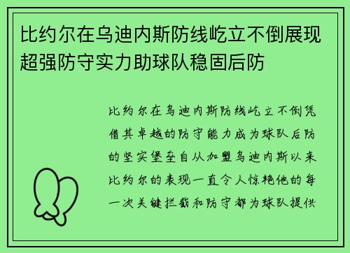 比约尔在乌迪内斯防线屹立不倒展现超强防守实力助球队稳固后防