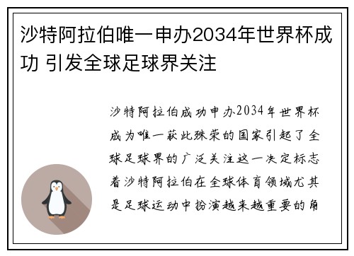 沙特阿拉伯唯一申办2034年世界杯成功 引发全球足球界关注
