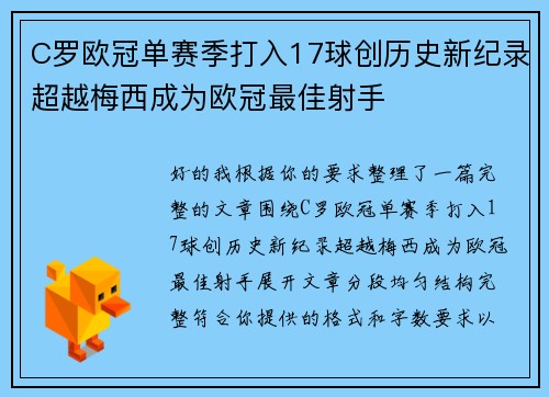 C罗欧冠单赛季打入17球创历史新纪录超越梅西成为欧冠最佳射手